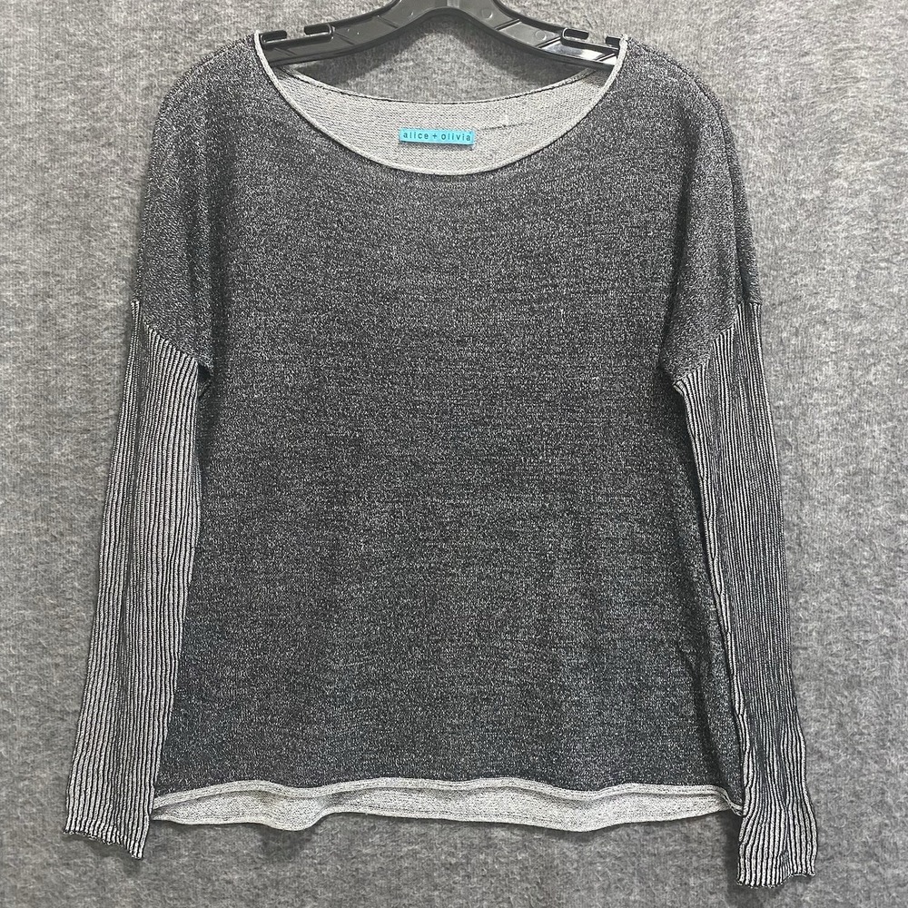 Alice + Olivia Sweater Womens Small Black‎ White Marled Boxy Rolled Hem Knit Top